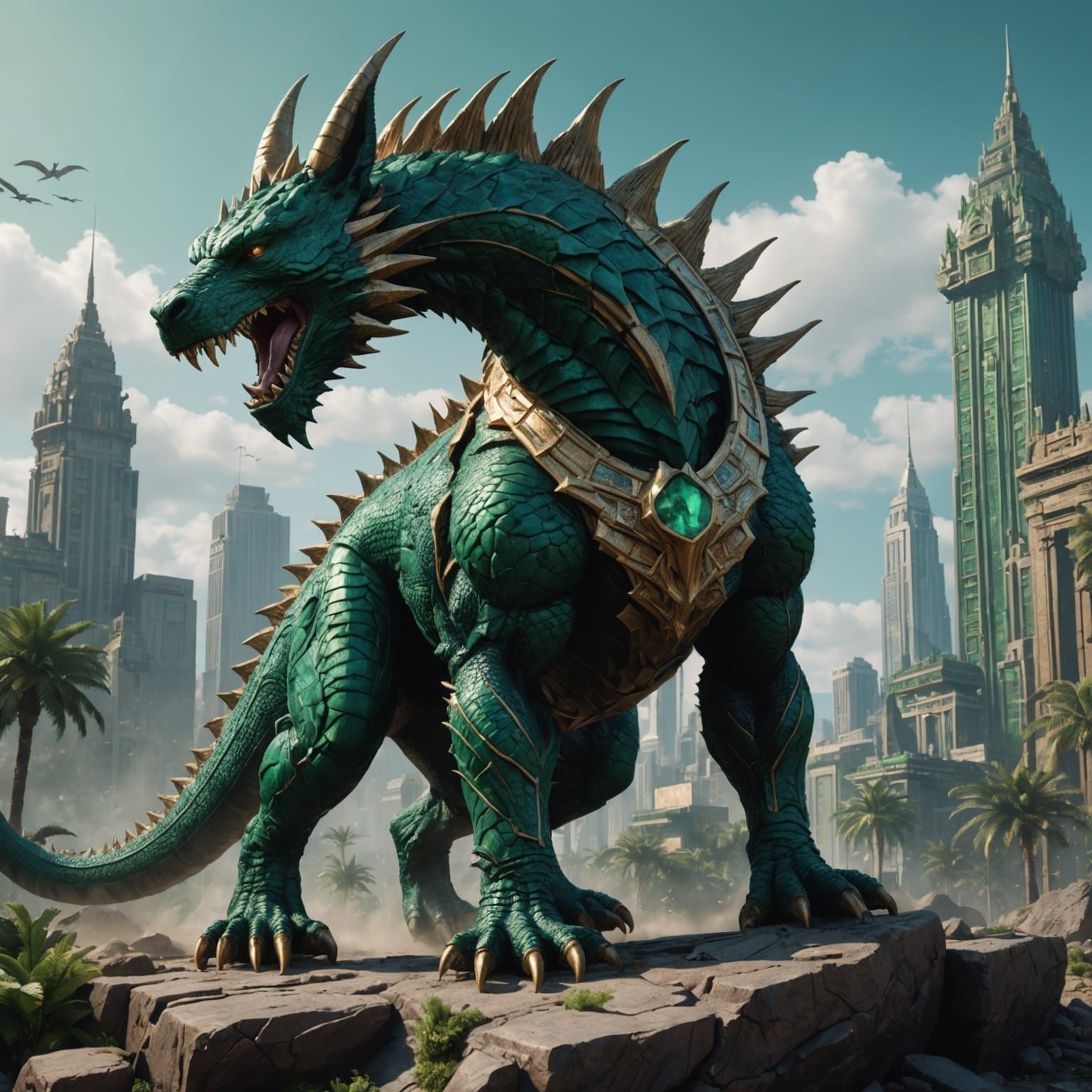 Emerald Anubis Godzilla Dragon in Detailed Matte Painting