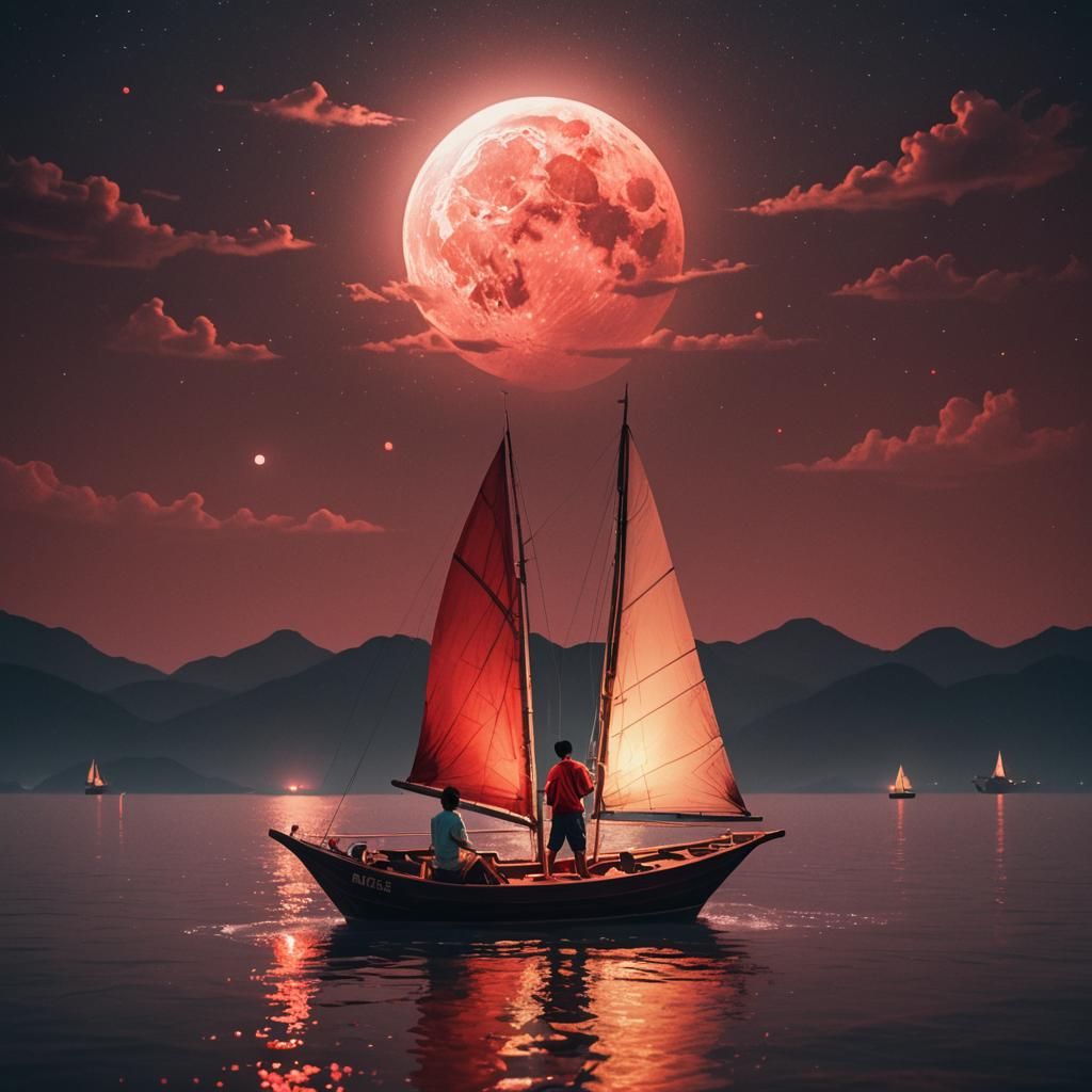 Boy Sailing Glowing Boat Under Moonlit Sky
