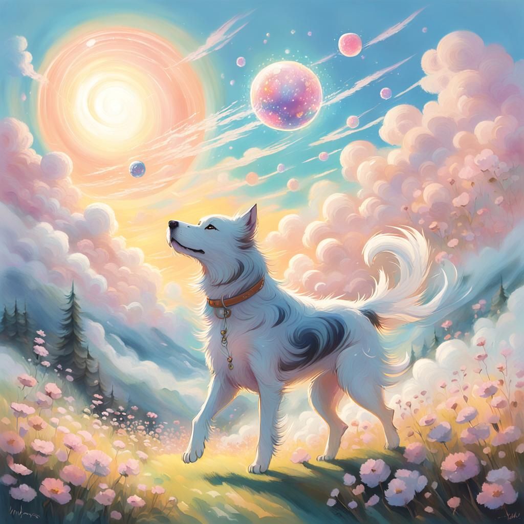 Dreamlike Spirit Dog Chasing Mist Ball