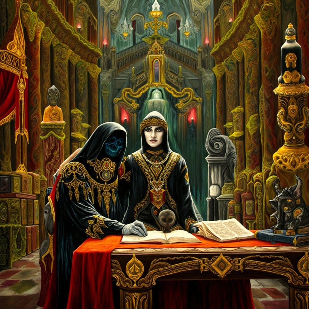Gothic Library Scene with Scholar in Art Nouveau Style