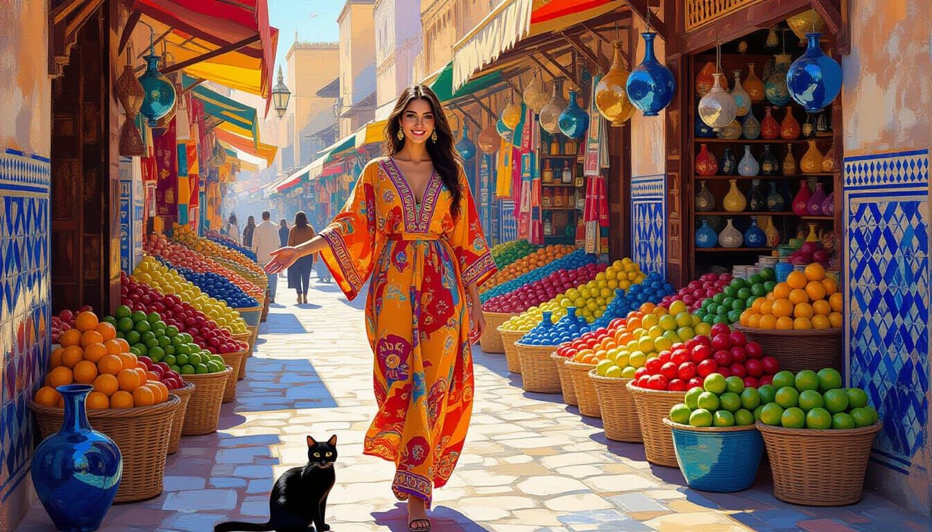 Moroccan Street Scene with Woman and Cat