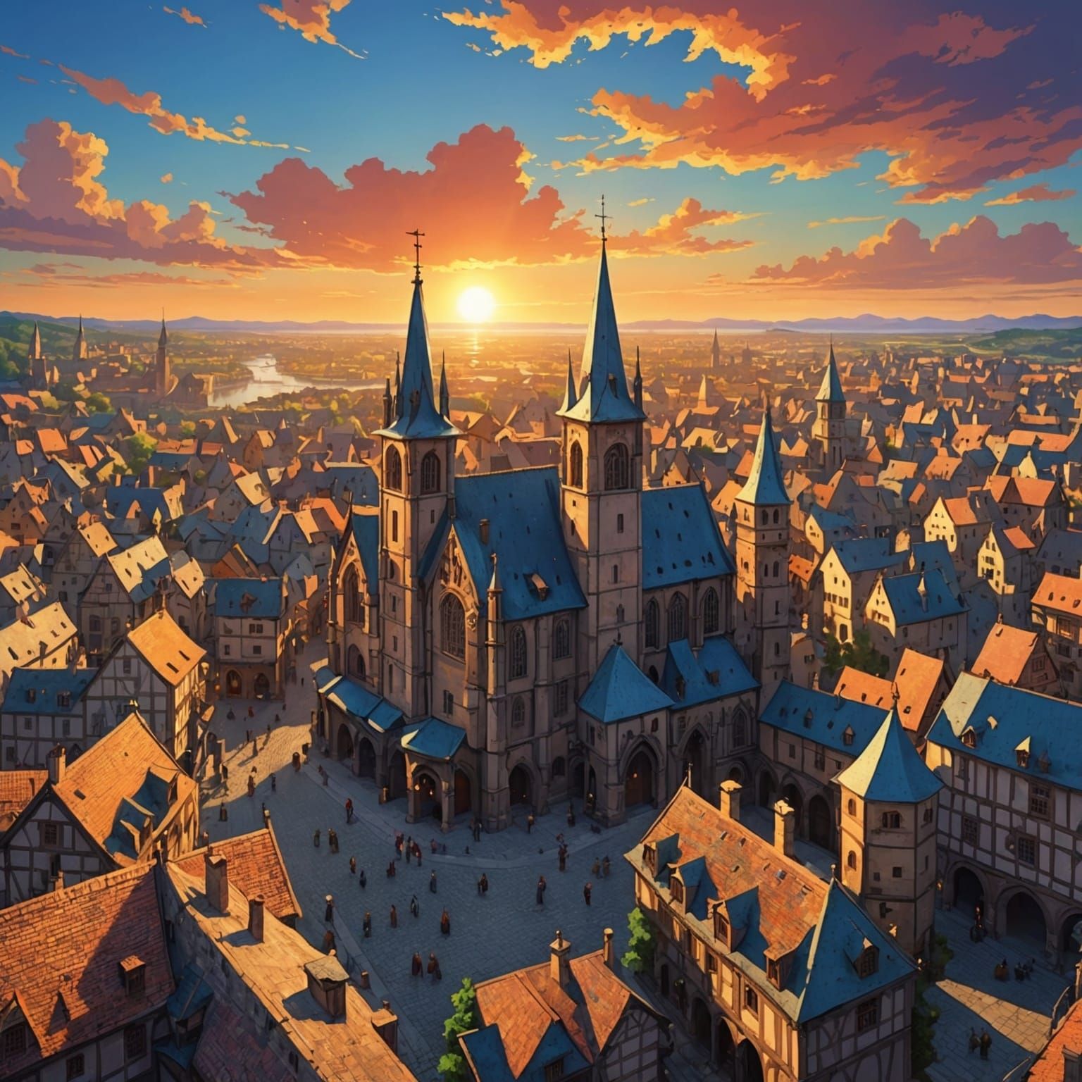 Anime Medieval City at Sunset