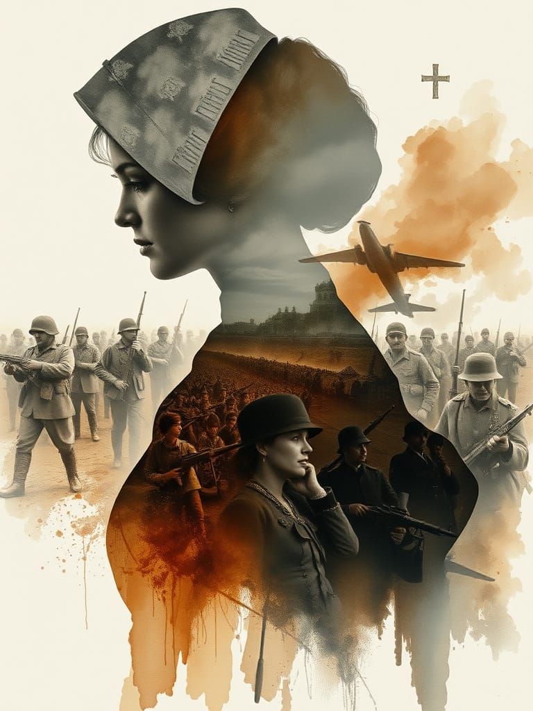 Surreal English Nurse on WWI Battlefield Double Exposure