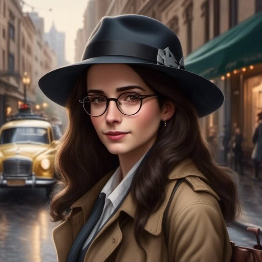 Jewish Woman in Fedora and Trenchcoat, Hyperrealistic Portra...