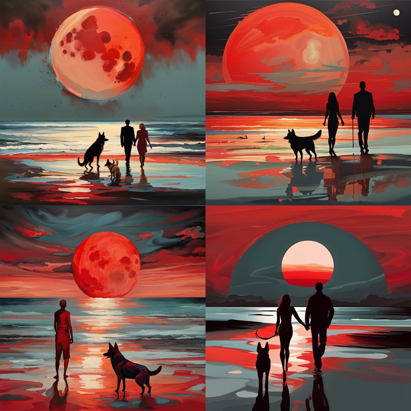 Red Moon Rising: Abstract Beach Scene at Dusk