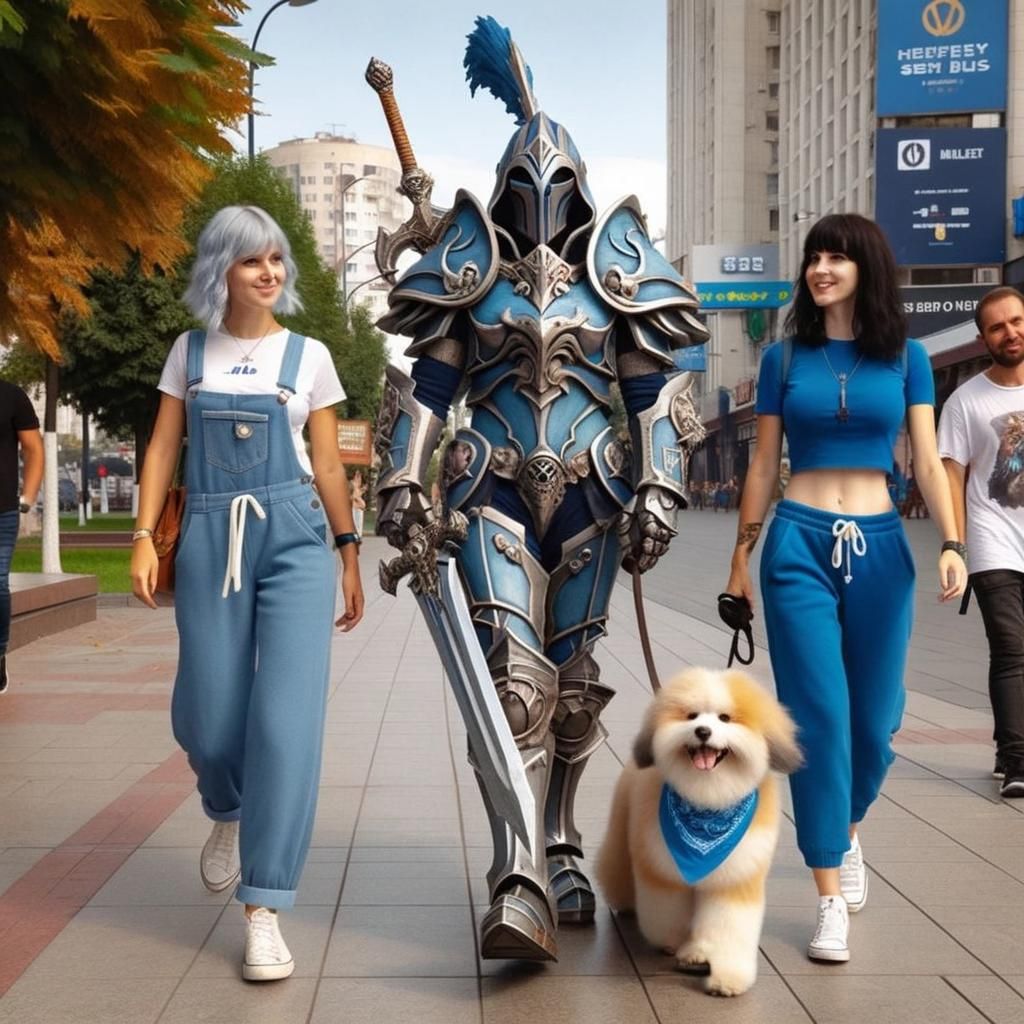 Fantasy Warrior and Friends Stroll Through City