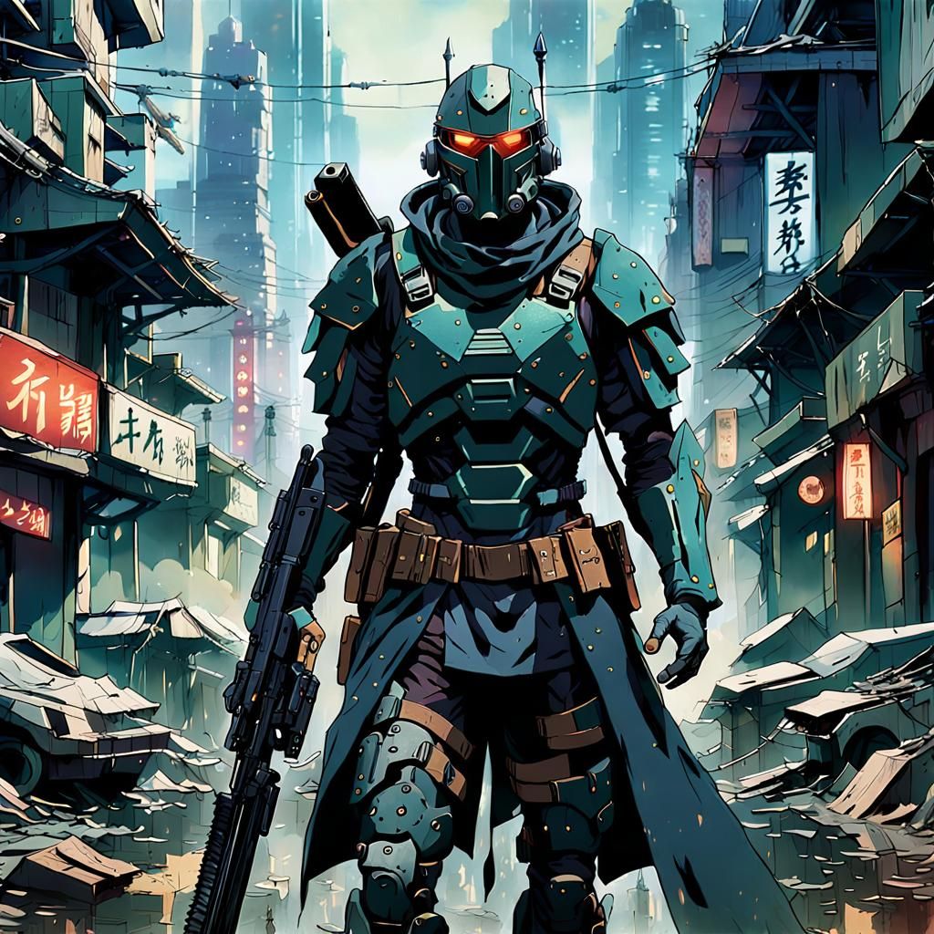 Dystopian Warrior in Cyberpunk Anime Style
