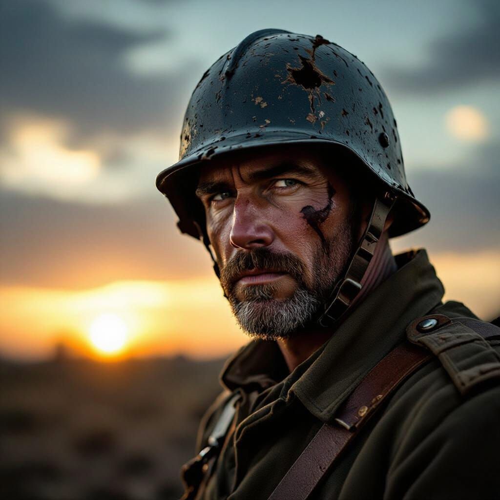 Soldier in Desolate Battlefield with Broken Helmet