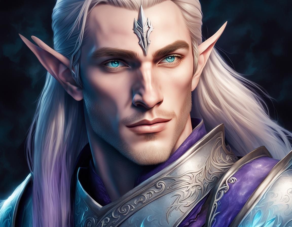 Handsome Purple-Skinned Elf Prince in Silver Armor