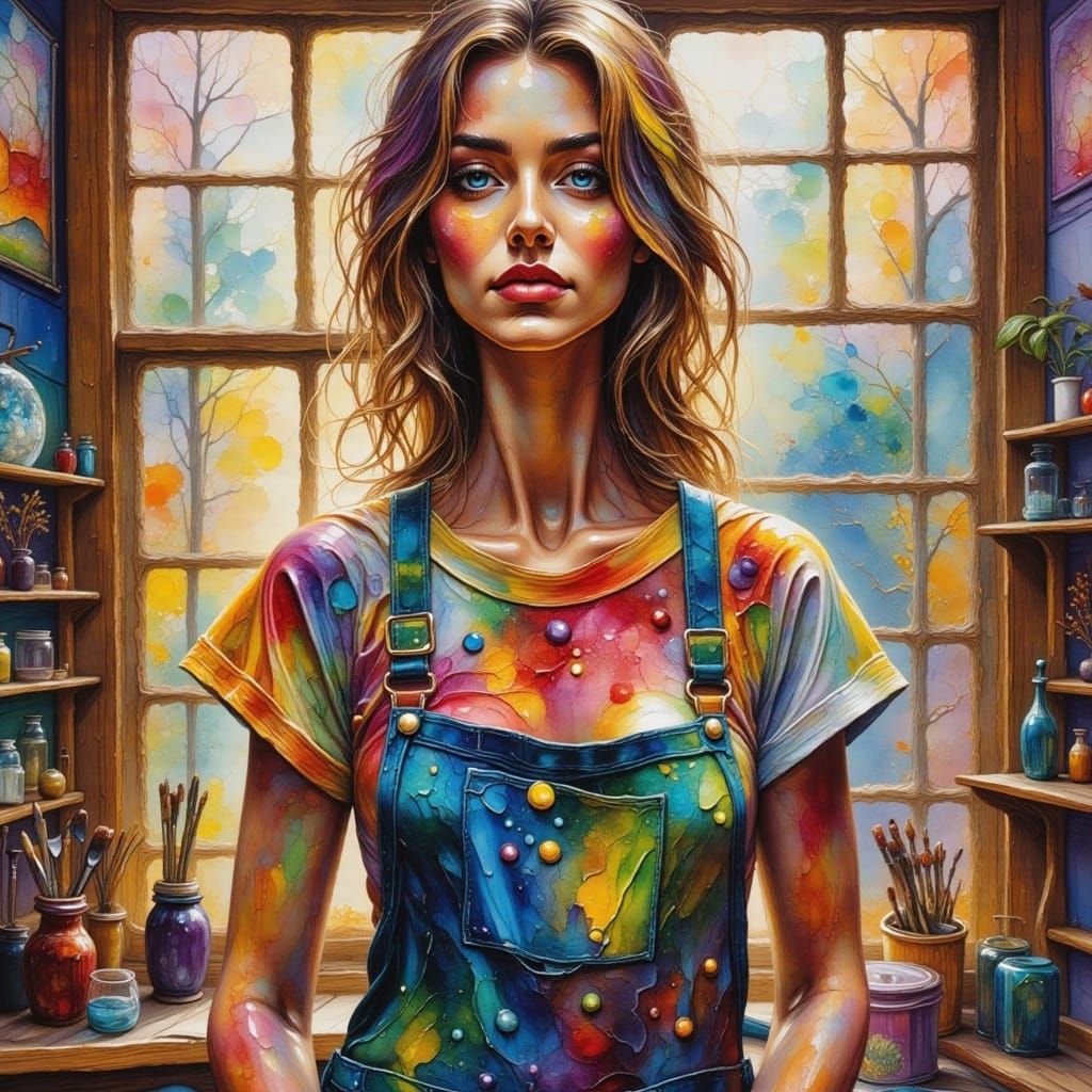 Woman in Sunlit Studio Surrounded by Abstract Art