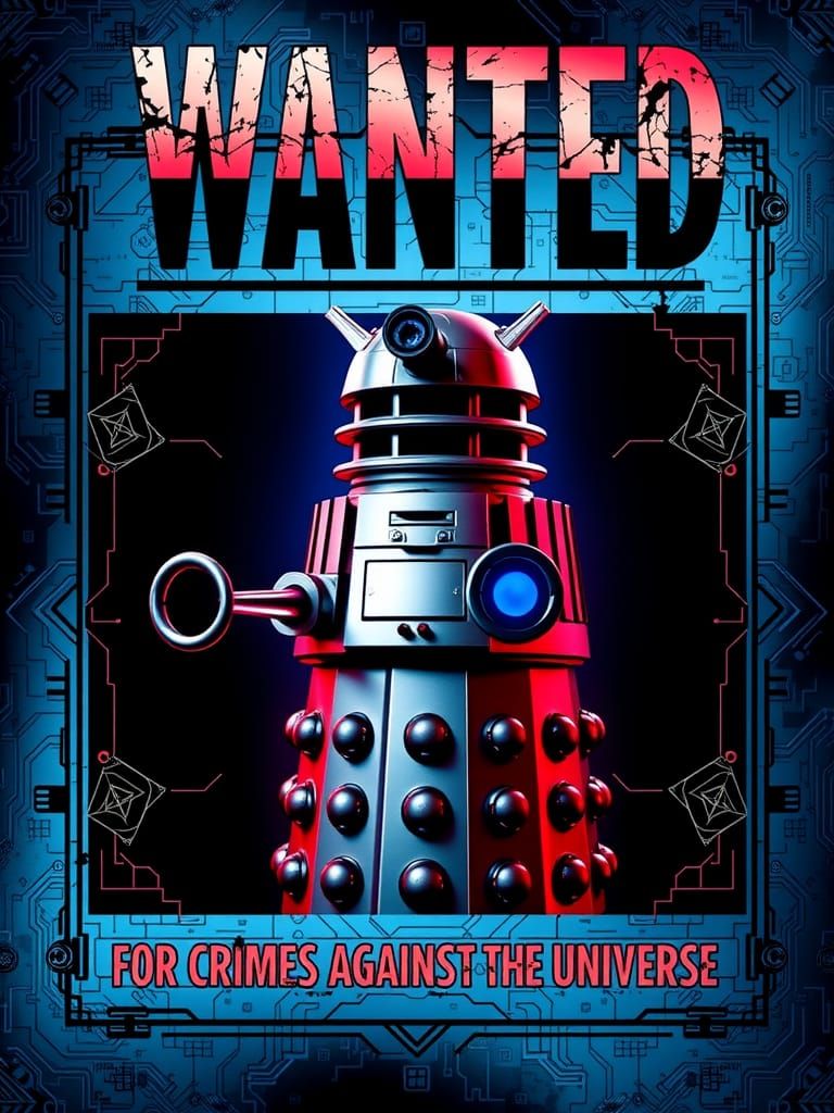 Cyberpunk Dalek Wanted Poster with Futuristic Symbols