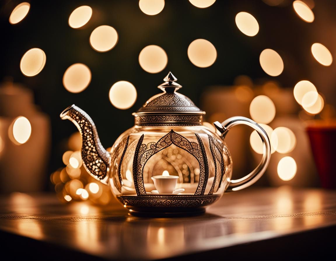 Indian Wedding Teapot with Fairy Lights, Cinematic Photo