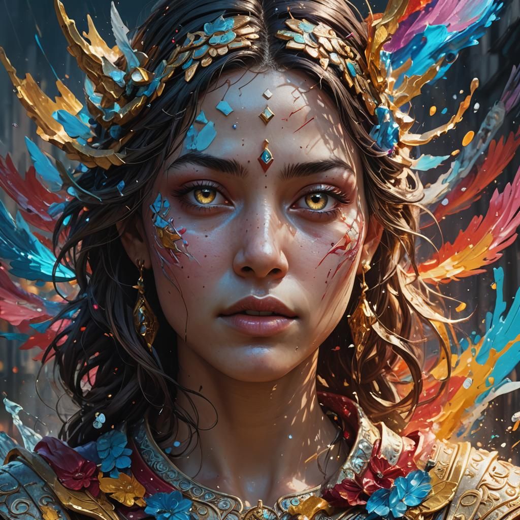 Intricately Detailed Divinity in Colorful Splash Art