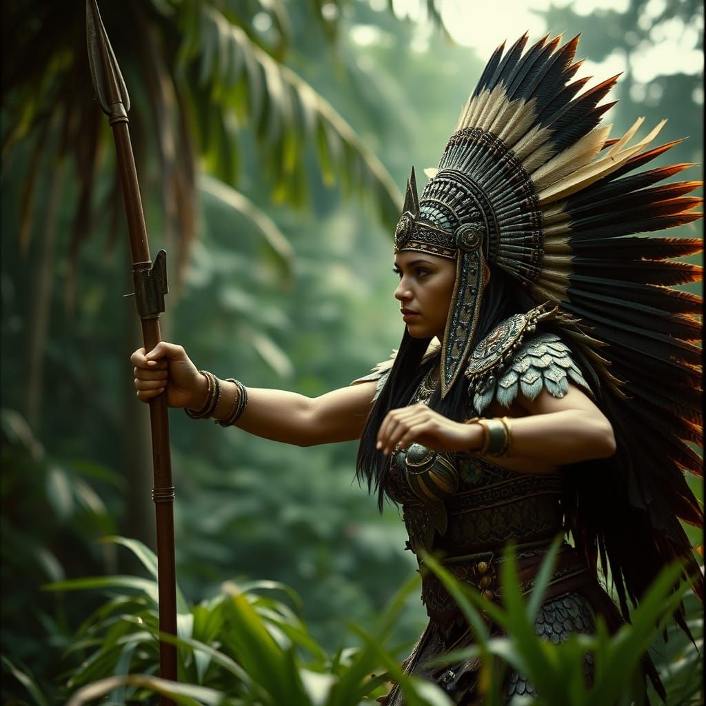 Olmec Female Warrior in Jungle Battle Scene