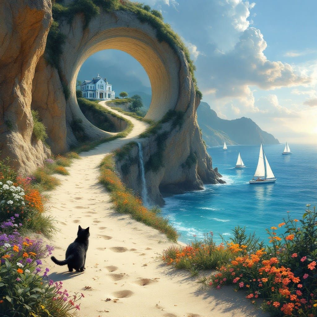 Surreal Fantasy Beach Scene with Cute Black Cat and Spiral P...