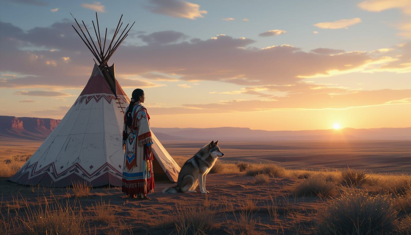 Native American Woman and Wolf on Windswept Mesa