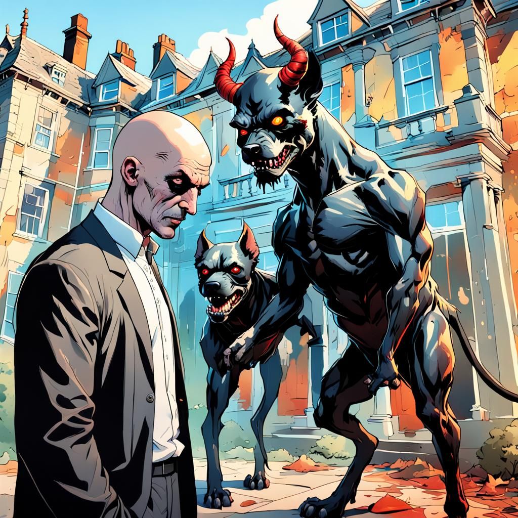 Hyperrealistic Devil Dog Outside Dilapidated Mansion
