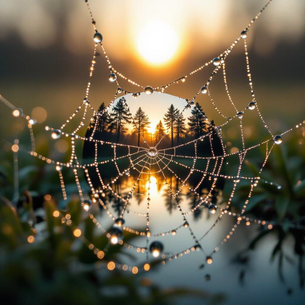 Macro Dewdrops on Spiderweb at Dawn