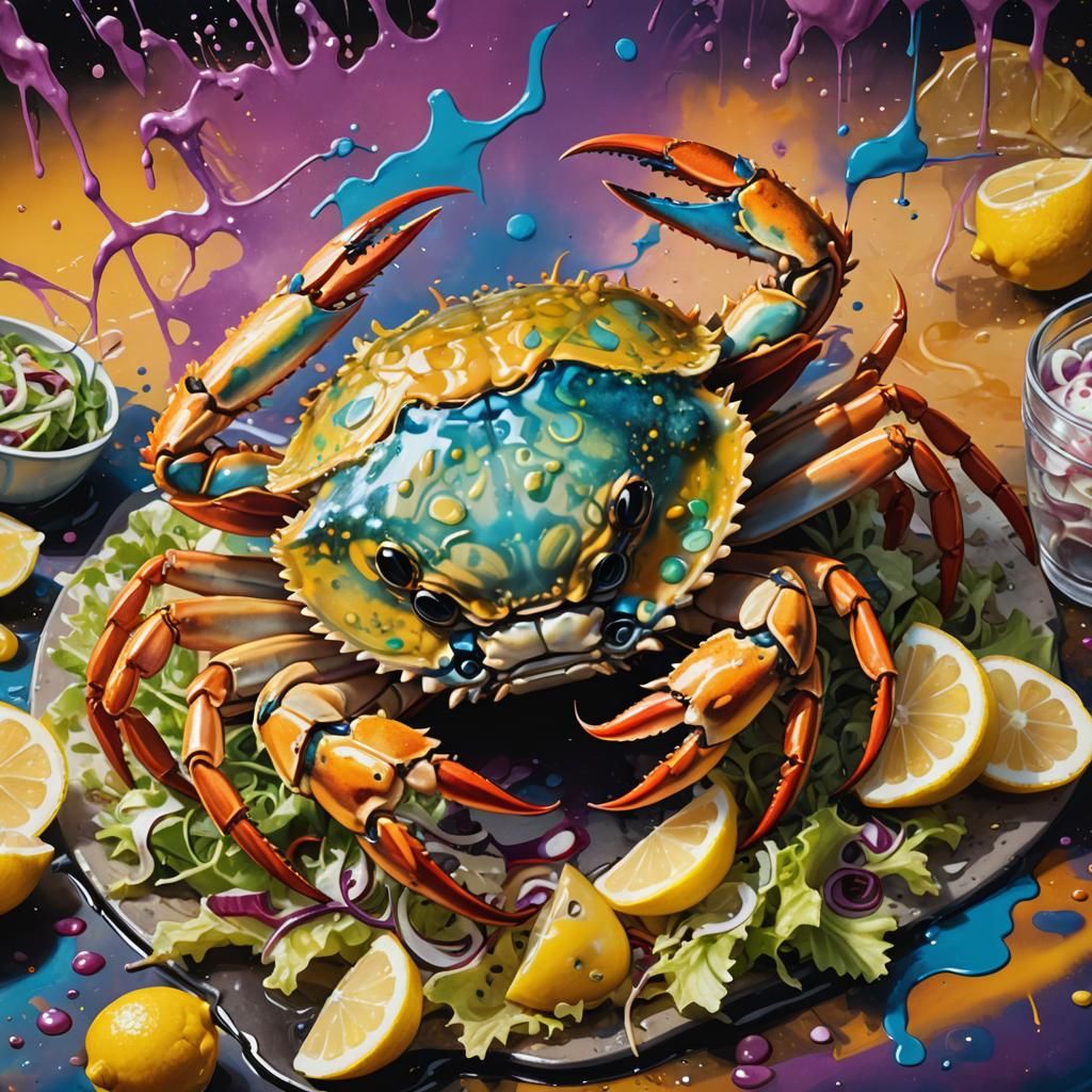 Hyperrealistic Crab-Fish with Salad, Seafood Concept Art
