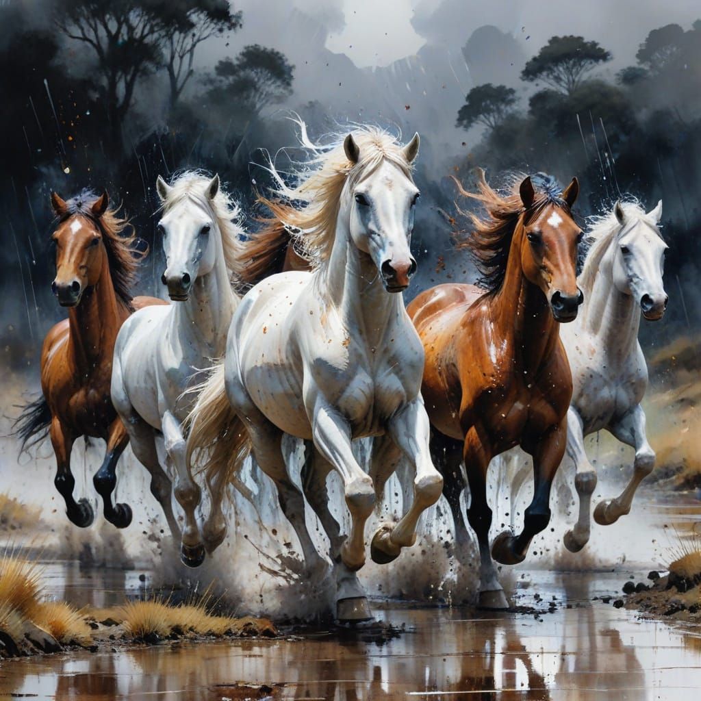 Majestic Horses Galloping in Rainy Midnight Valley Watercolo...