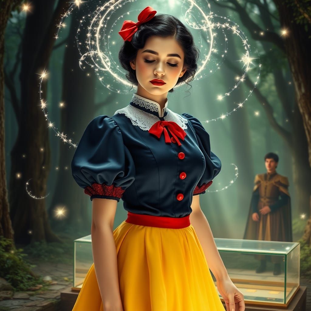 Magical 1930s Woman Ascends in Fairy Tale Forest