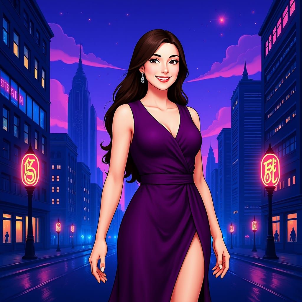 Elegant Woman in Futuristic Cityscape