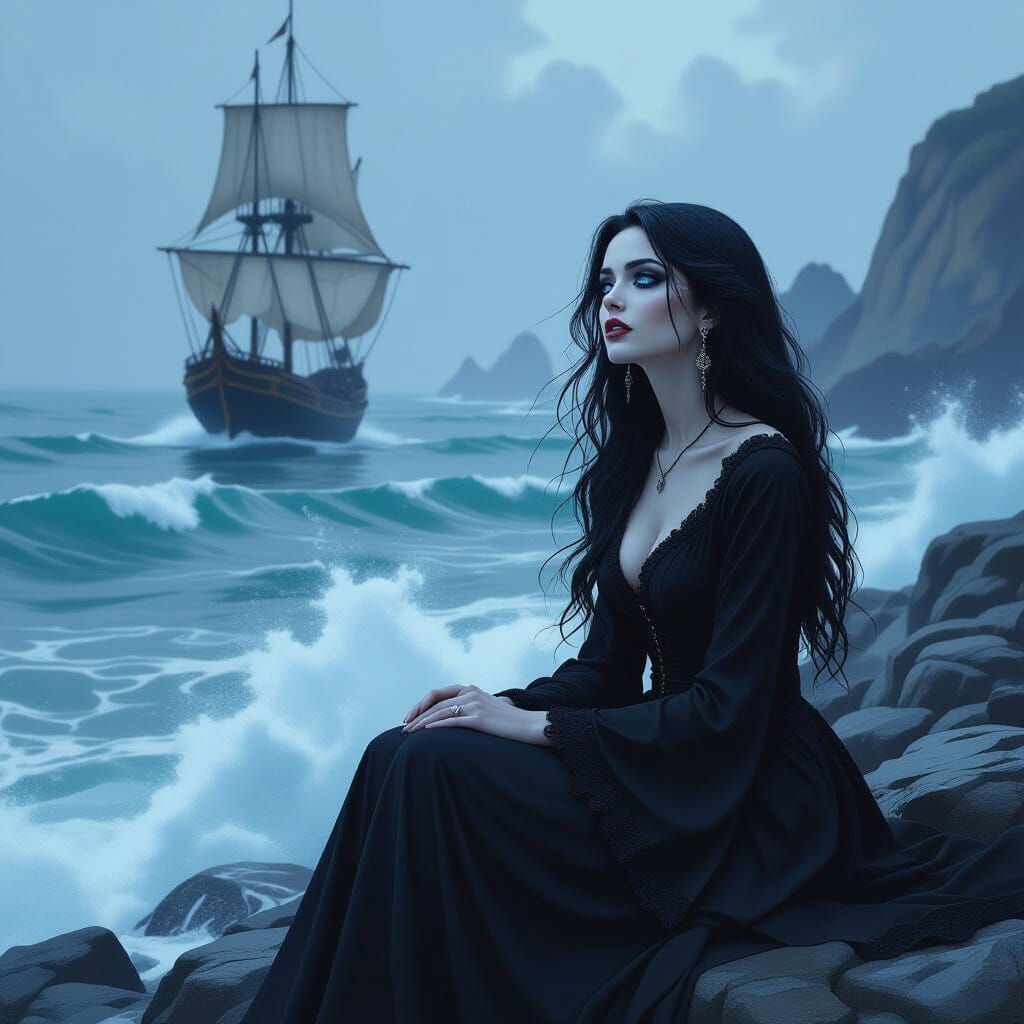 Gothic Woman Sings to Ship: Expressive Lighting