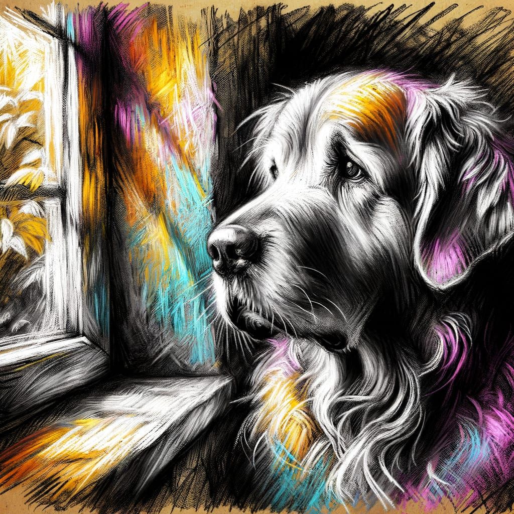 Tired Golden Retriever Waits by Window in Charcoal Sketch