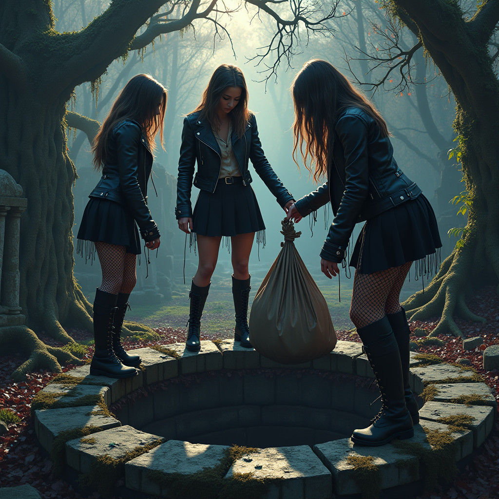 Eerie Graveyard Scene: Women Tipping Body into Well