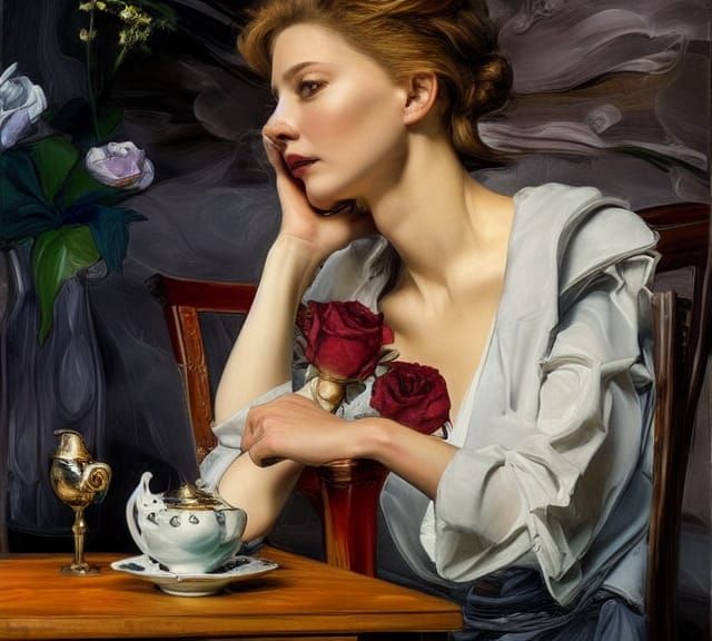 Beautiful Woman Enjoying Tea in Cafe: Photorealistic Portrai...