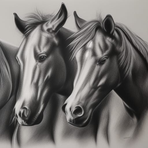 Hyperdetailed Charcoal Drawing of Horses