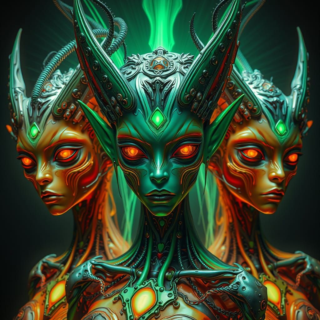 Ethereal Japanese Elven Portraits in Dark Futuristic Biomech...