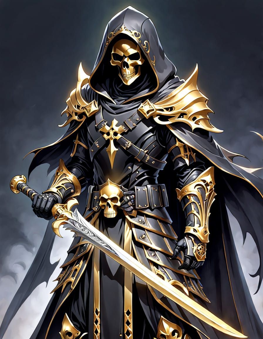 Grim Reaper Warrior in Ornate Black and Gold Armor