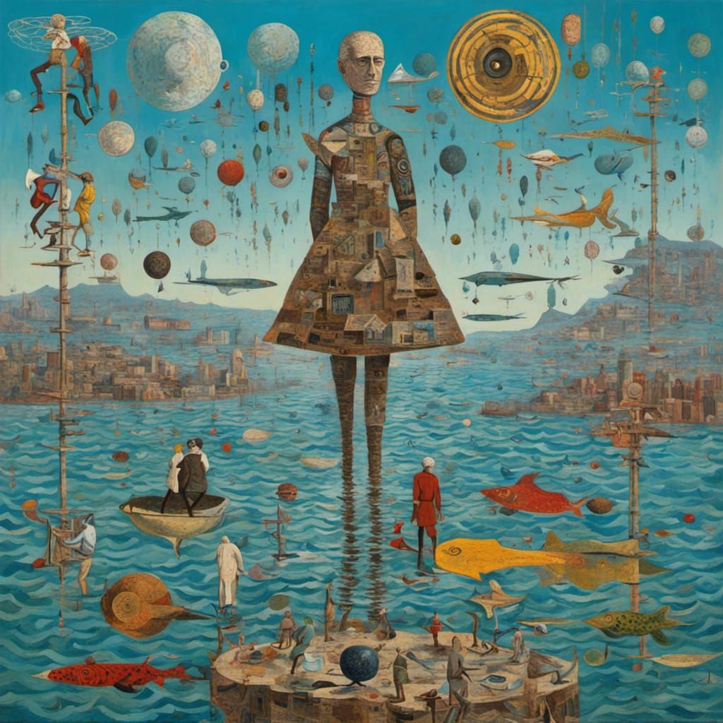 Surrealist Figure Walking on Water Painting