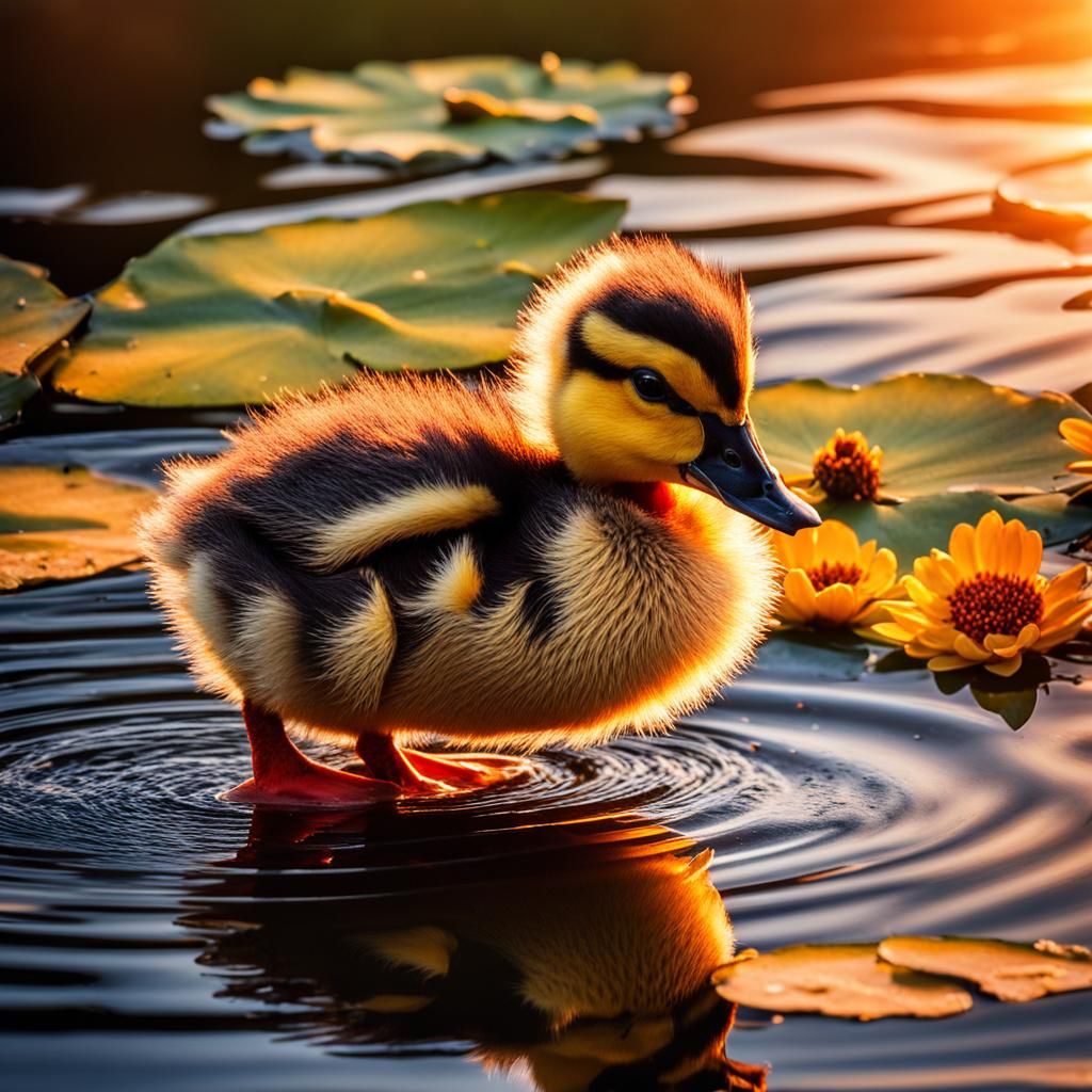 Adorable Duckling in Sunset Pond, Alcohol Ink Style