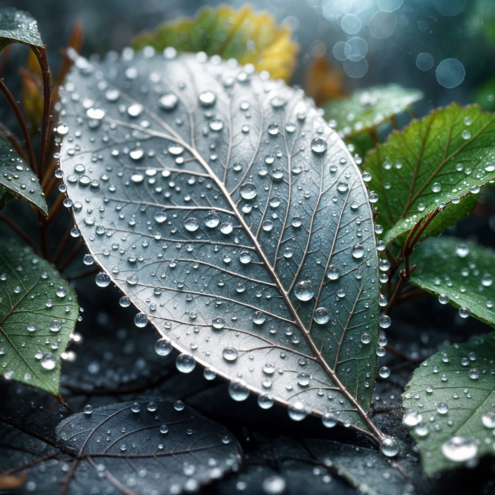 Silver Leaf Macro Photography with Glass Dewdrops