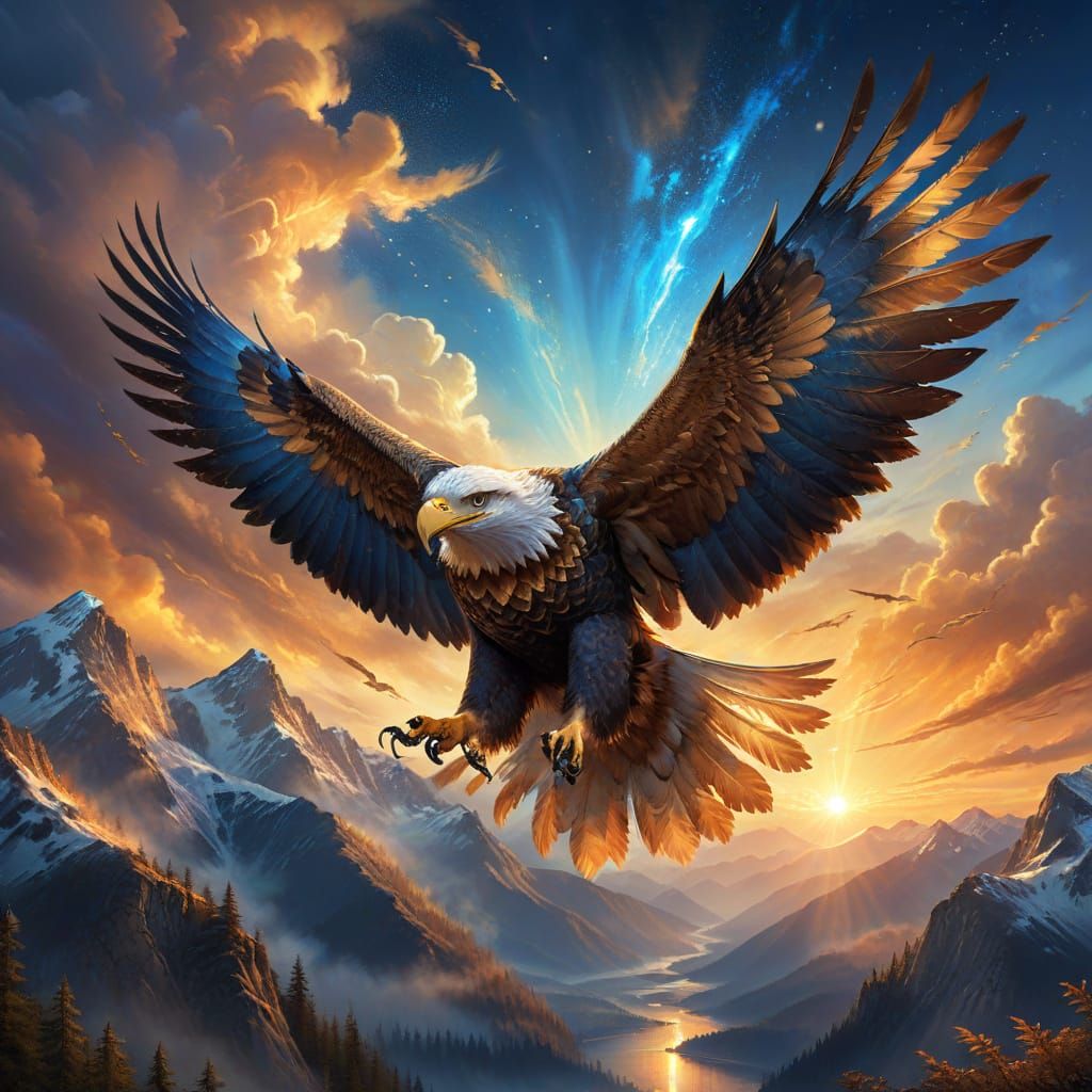 Majestic Eagle Soars Through Misty Mountains in Ethereal Lig...