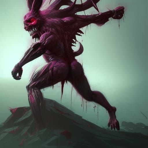 Muscular Pink Zombie Demon Bunny: Dark Fantasy Art