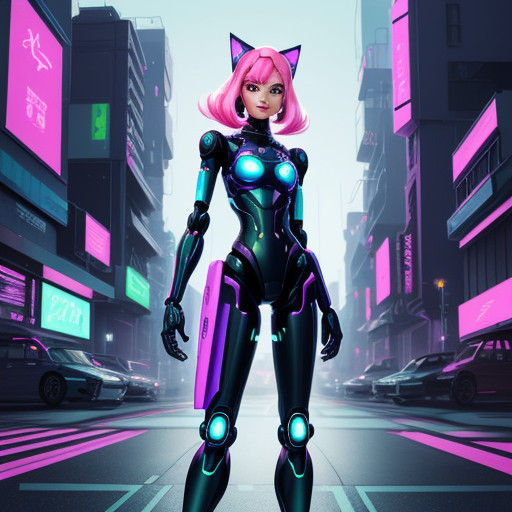 Cyberpunk Robot Cat Girl in Futuristic Mecha Armor