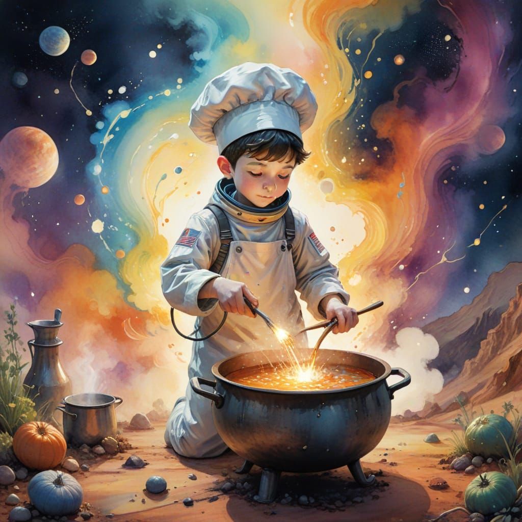 Young Orthodox Boy Cooks Cosmic Soup in Delicate Watercolor ...