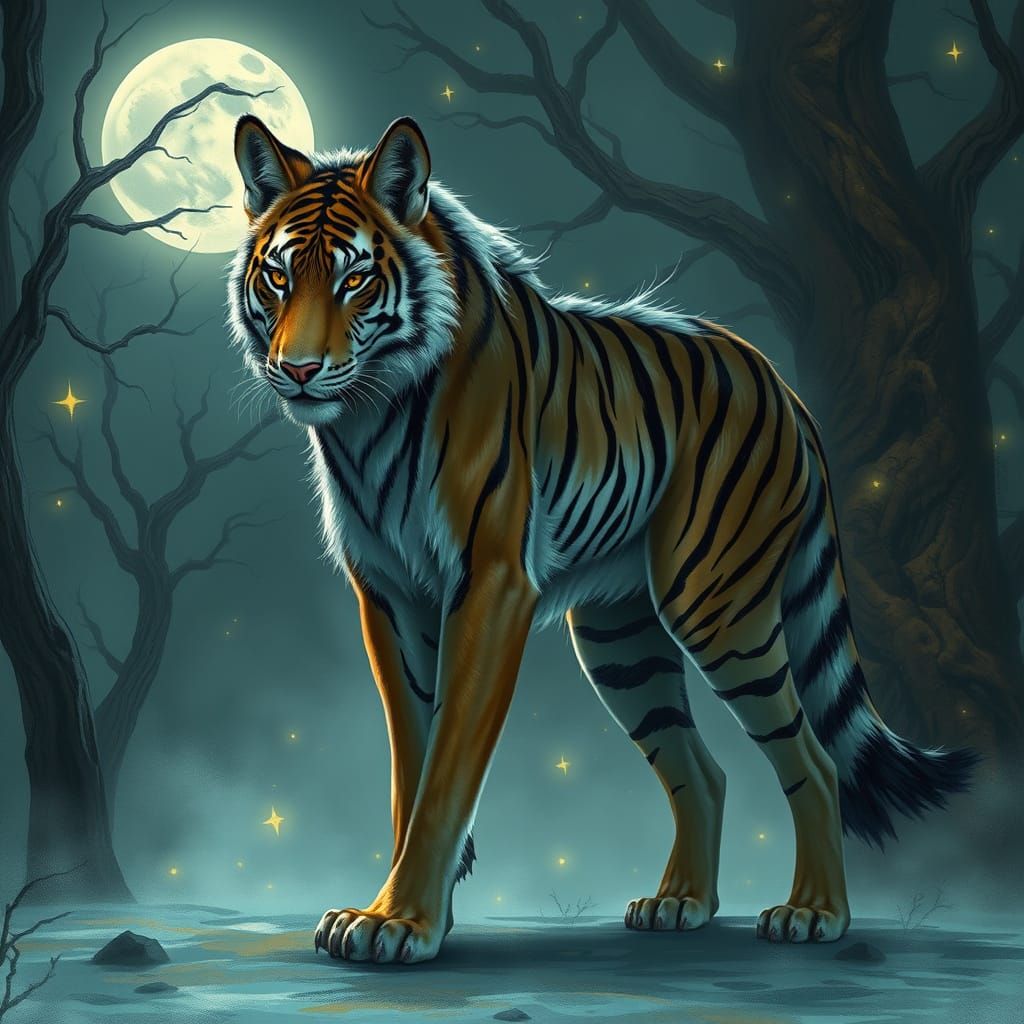 Majestic Wolf-Tiger Hybrid in Futuristic, Surreal Landscape