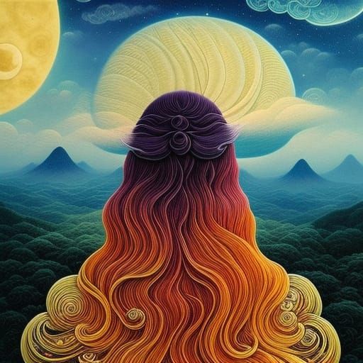 Woman in Sun and Moon Clouds, Fairytale Style
