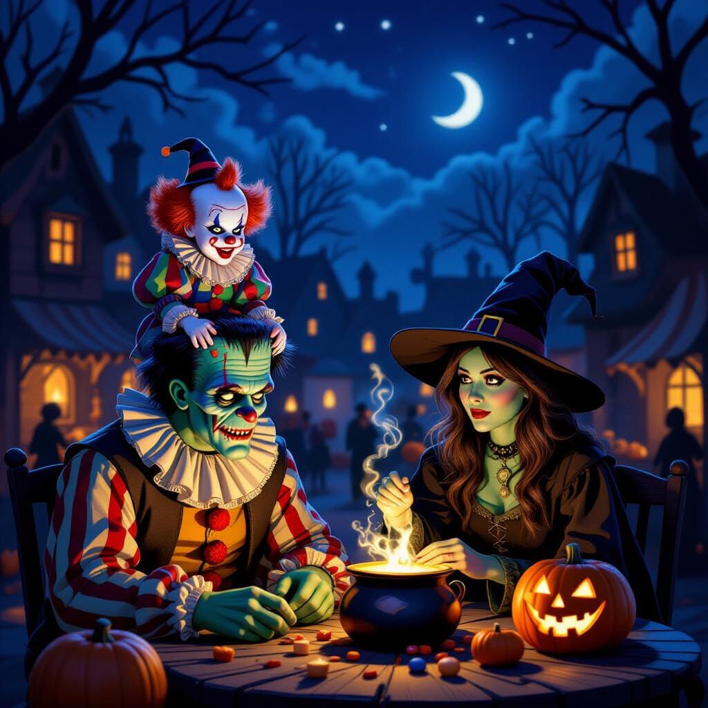 Halloween Festival Scene With Clown and Witch