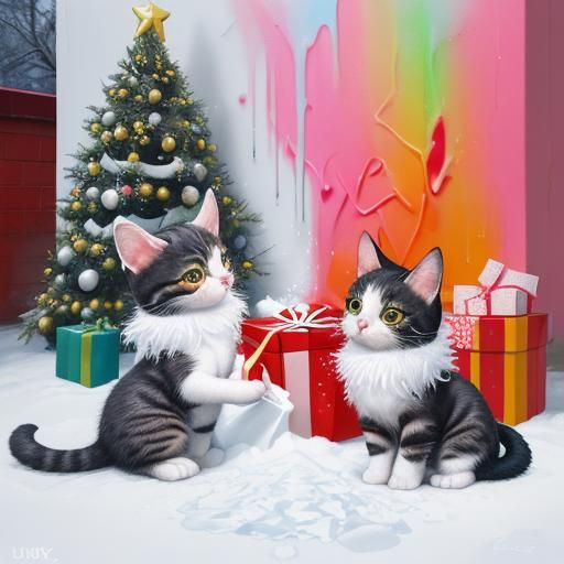 Festive Cats Exchange Christmas Gifts in Graffiti Art