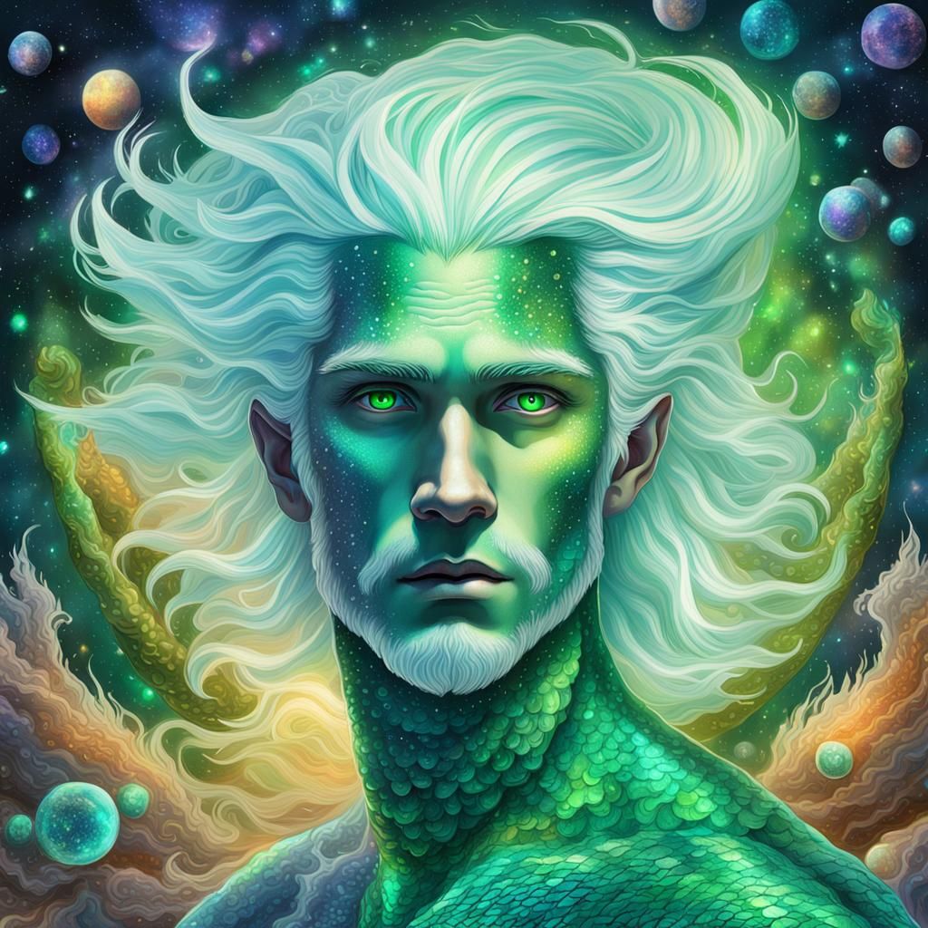 Merman with Green Eyes: Holographic Cosmic Illustration