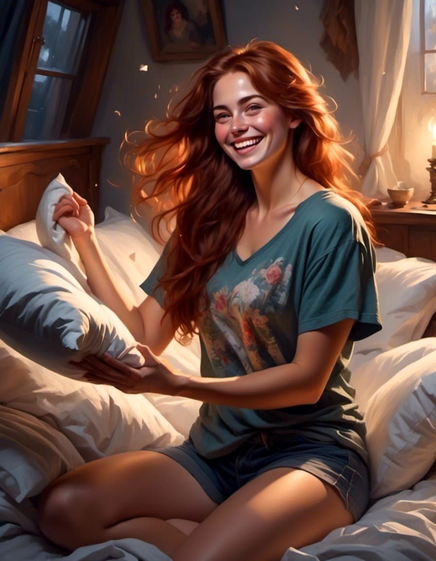 Joyful Woman's Nighttime Pillow Fight Portrait