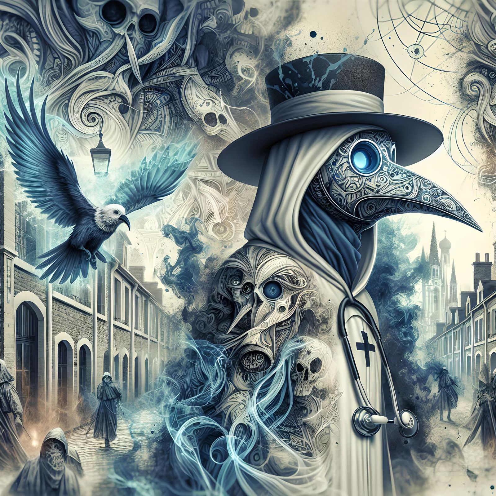 Blue Plague Doctor in Tattoo-Inspired Digital Art