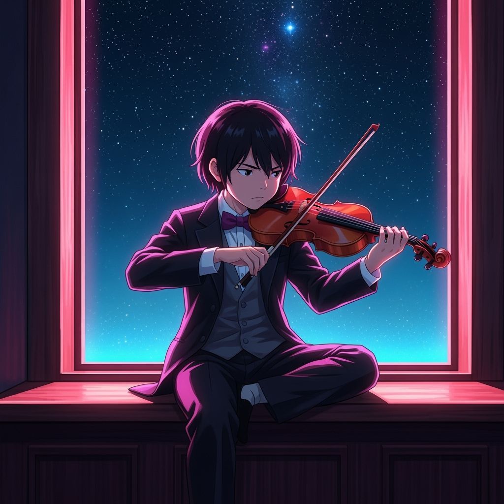 Anime Asian Boy Plays Violin at Night