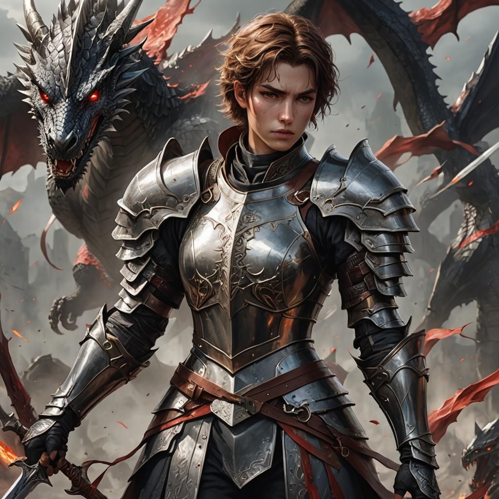 Fierce Young Dragon Knight with Spear and Magic