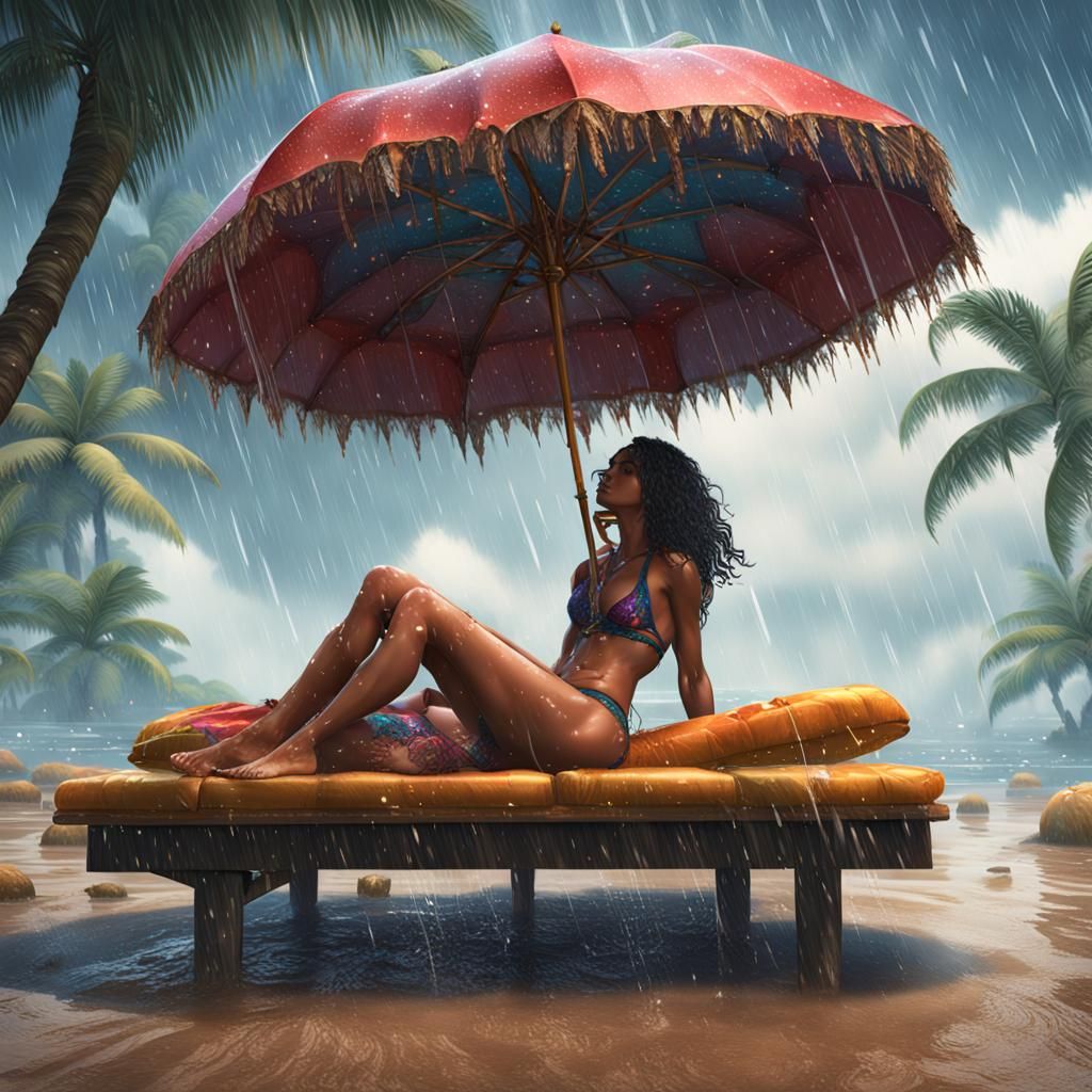 Bikini Model in Rainy Beach Scene